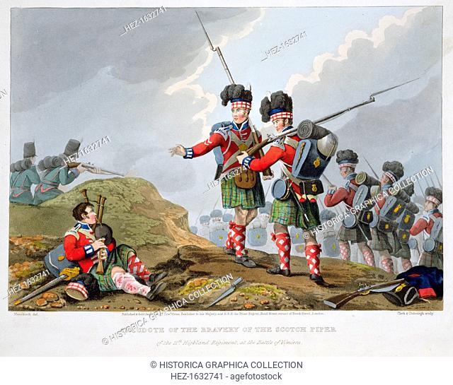 Highland troops at the Battle of Vimeiro, Peninsular War, 1808 (1816). 'Anecdote of the Bravery of the Scotch Piper of the 11th Highland Regiment at the Battle...