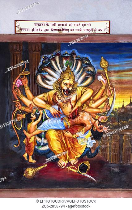 Narasimha Vishnuâ. . s Avatar as semi-man, semi-lion kills the demon Hiranyakashipu with his sharp fingernails. ISKCON temple, Pune, Maharashtra