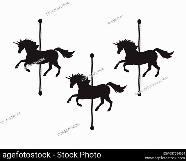 Vector flat black unicorn horse carousel silhouette isolated on white background