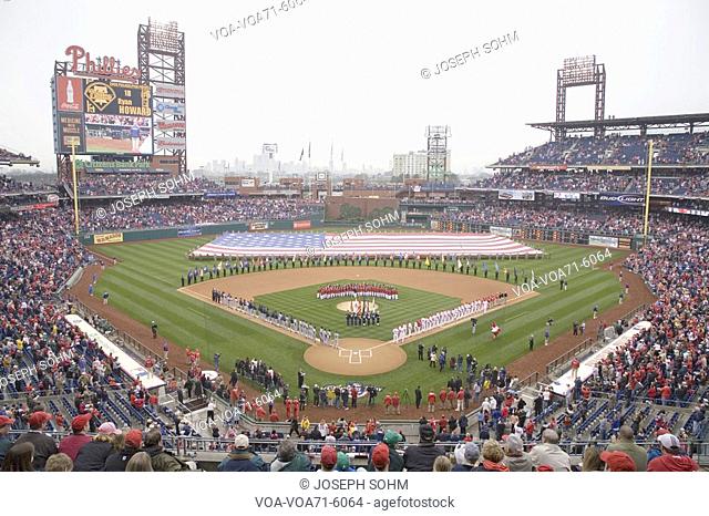 Opening Day Ceremonies featuring gigantic American Flag in Centerfield on March 31, 2008, Citizen Bank Park where 44, 553 attend as the Washington Nationals...