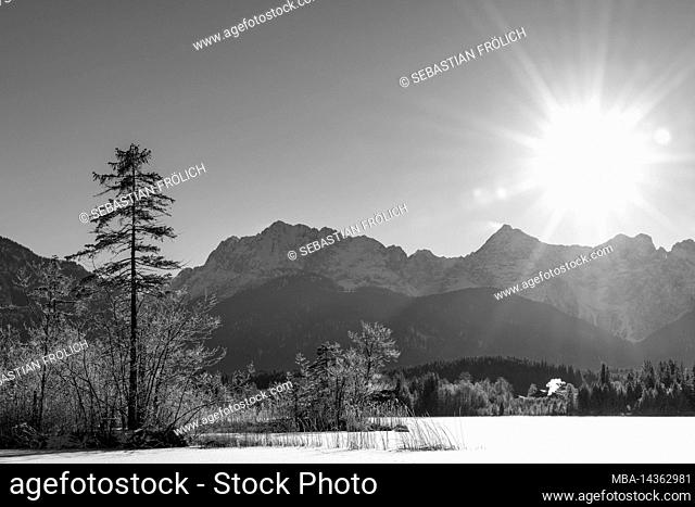 Winter on the shores of Lake Barmsee, the starry sun sends its rays over the frozen lake in the Bavarian Alps, while the trees are still partly covered with...