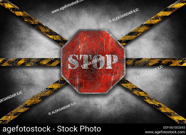 Stop sign and caution tape grunge, worn and damaged look 3D illustration