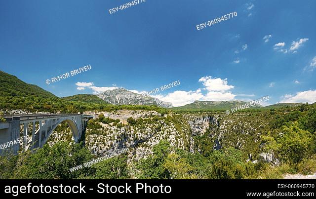Artuby Bridge And Panorama Of The Verdon Gorge In South-eastern France. Provence-Alpes-Cote D'azur
