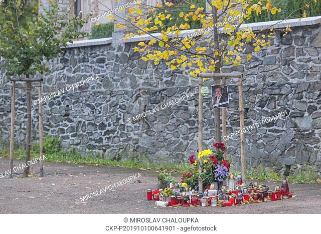 A pious place by a lime tree (tilia) adopted by Karel Gott is seen in Ujezd u Svateho Krize, Czech Republic, on October 10, 2019