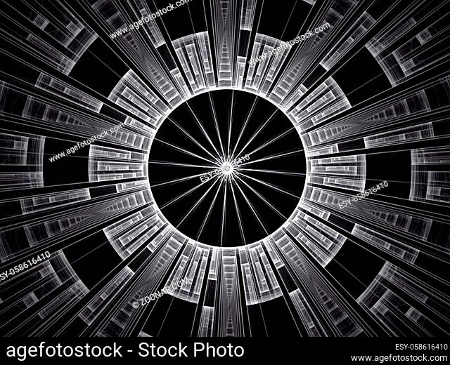 Technology disk - abstract computer-generated image. Fractal geometry: circle with radial lines. Dark tech background for covers, web design, posters