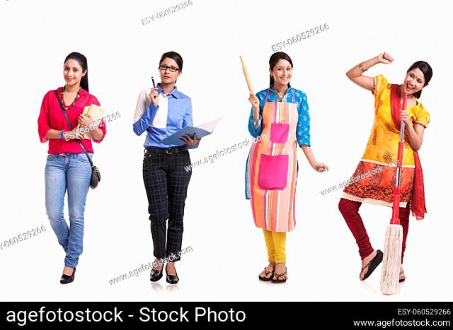A group of women comprising homemaker, corporate worker and student standing against plain background