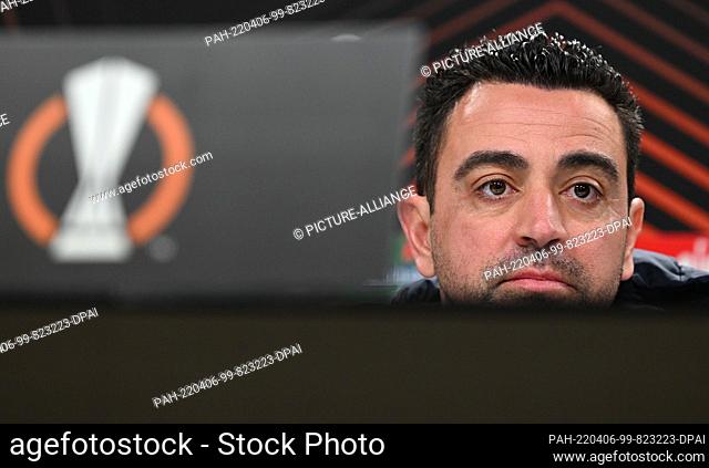 06 April 2022, Hessen, Frankfurt/Main: Head coach Xavi Hernandez of FC Barcelona speaks during the press conference before the Europa League first leg at...