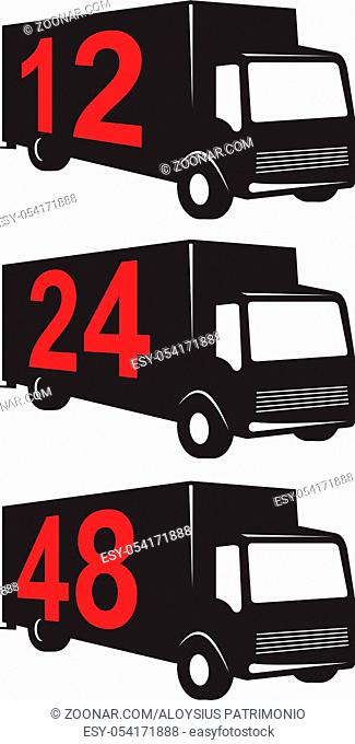 illustration of a delivery truck lorry with numbers 12 24 48 hours done in retro style on isolated background