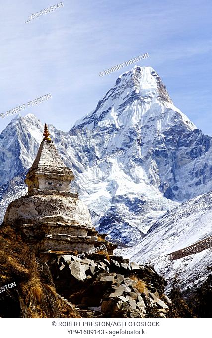 Buddhist stupa and Ama Dablam mountain, Everest Region, Nepal