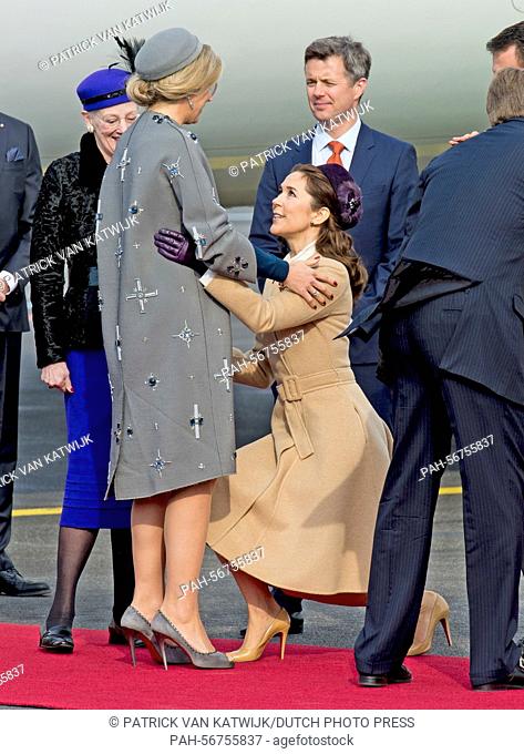 Queen Maxima of The Netherlands is welcomed by Danish Queen Margrethe, Crown Princess Mary and Crown Prince Frederik at the airport Kastrup in Copenhagen