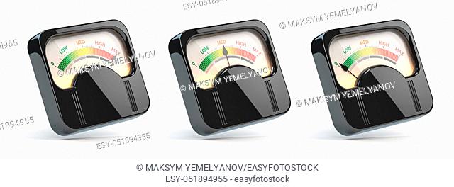 Vintage level indicators, rating customer satisfaction meters with different levels from red to green. 3d illustration