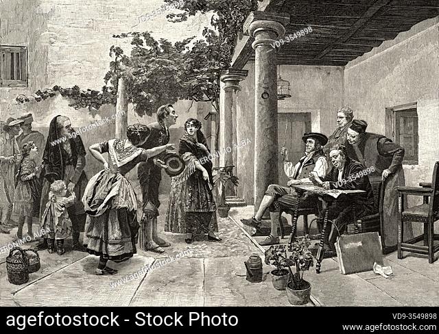 Before the Mayor, a popular Spanish scene from the 19th century, painting by the Spanish artist Julio Worms. Old 19th century engraved illustration