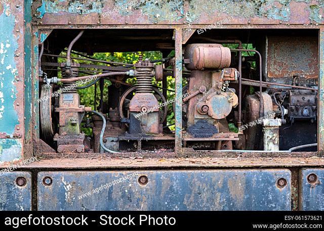 Asse, Flemish Brabant Region, Belgium, 10 08 2022 - Engine of an old rusty locomotive train