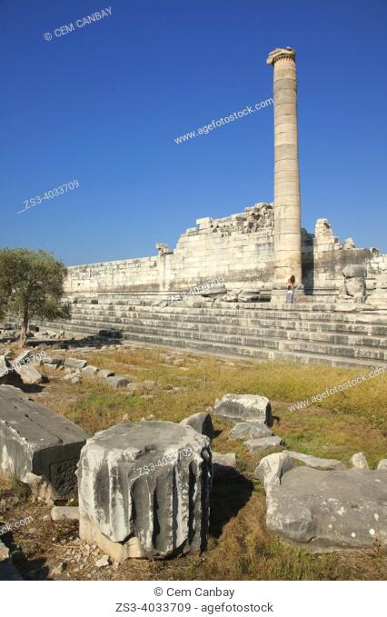 Tourist woman at the stairs of the Temple of Apollo in the Archeological area of Didim, Didyma, Aydin Province, Turkey, Europe