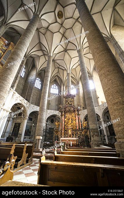 Austria, Salzburg, Franziskanerkirche (Franciscan Church). Architectural detail of the elaborate ceiling