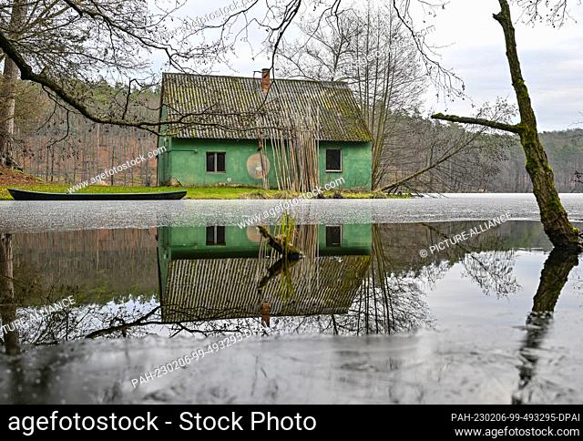 06 February 2023, Brandenburg, Siehdichum: An old fisherman's house is reflected in an ice-free area in the water of Hammersee in the Schlaubetal Nature Park