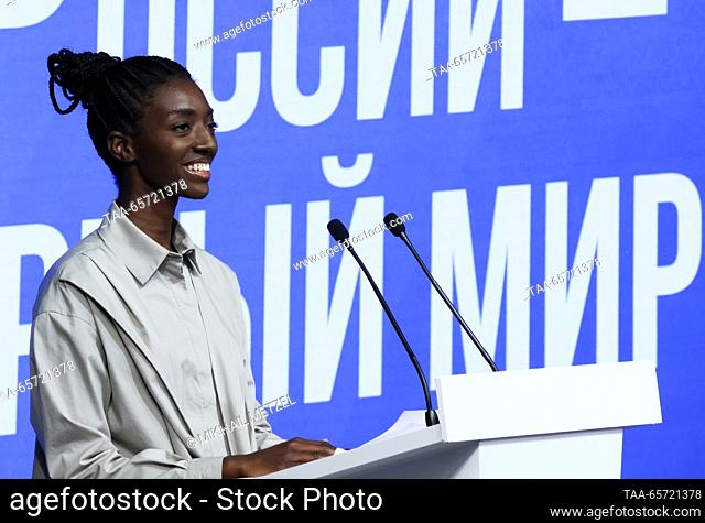 RUSSIA, MOSCOW - DECEMBER 13, 2023: Blogger Namaren Linz Camara speaks during a discussion titled ""The Future of Russia"" and held by the United Russia party...