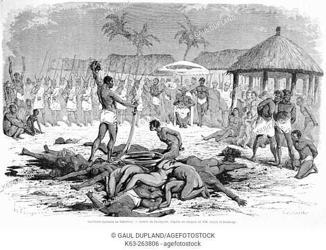 Human sacrifices at Dahomey, drawing by Foulquier. Engraving from 'Le tour du monde'