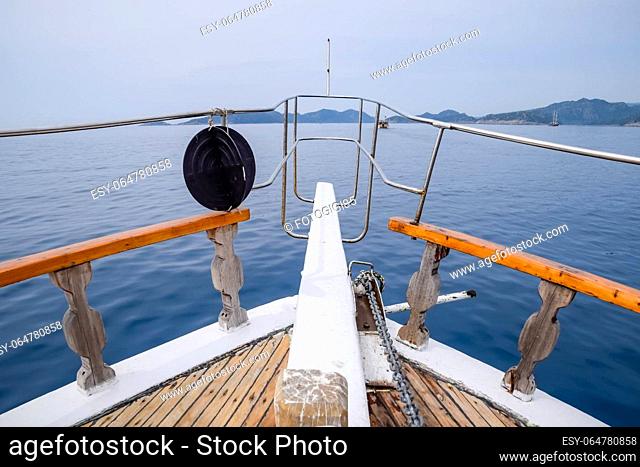 Deck of a pleasure yacht. Tourist excursion on a yacht in the Mediterranean