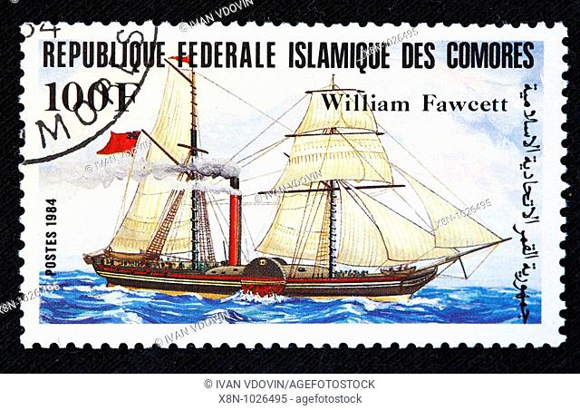 Sail ship William Fawcett, postage stamp, Comoros, 1984