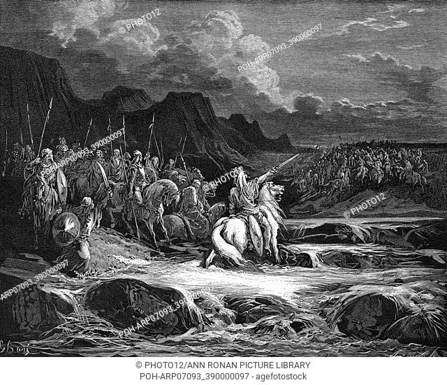 Judas (Jehudah) Maccabaeus (Maccabee), leader of the Jews from 166 BC leading his army into battle. 1 Maccabees 5. From Gustave Dore's illustrated 'Bible', 1866