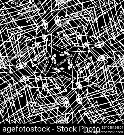 Tribal or ethnic style abstract digital technique artwork with geometric shapes motif pattern in black and white colors