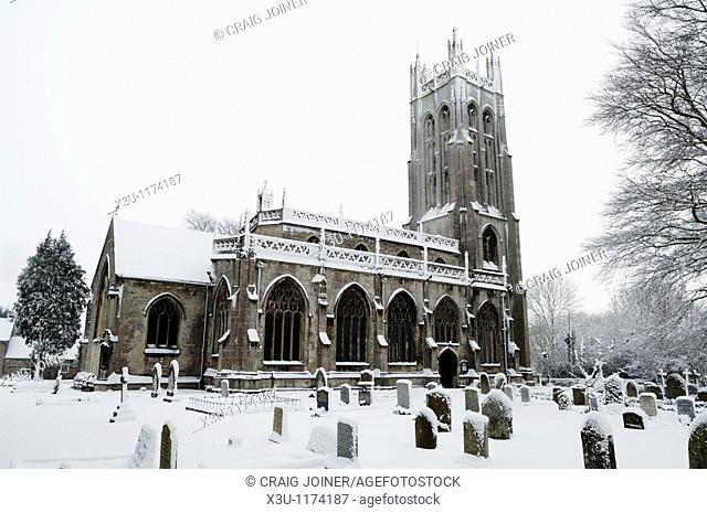 Wrington All Saints Church in the snow  Wrington Somerset, England, United Kingdom