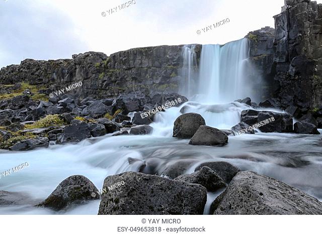 Oxararfoss Waterfall in Thingvellir National Park, Southwestern Iceland