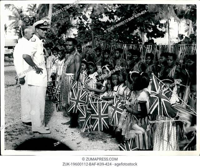 1972 - Duke of Edinburgh at Christmas Island: The Duke of Edinburgh with Mr. Percy Roberts the District Commissioner (left) talking with some of the Gilbertese...