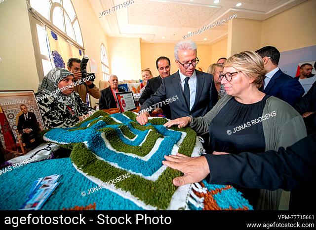 Official envoy of King Mohammed VI Karim Kassi-Lahlou (C) and Minister for Development Cooperation and Metropolitan Policy Caroline Gennez (R) are pictured...