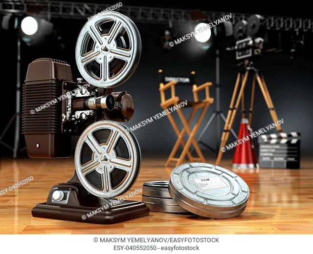 Video, movie, cinema concept. Vintage projector, retro camera, reels, clapperboard and director chair. 3d