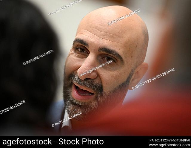 23 November 2023, Hesse, Wiesbaden: Ahmad Mansour, extremism researcher, author and psychologist, gives interviews at the start of the BKA Autumn Conference at...