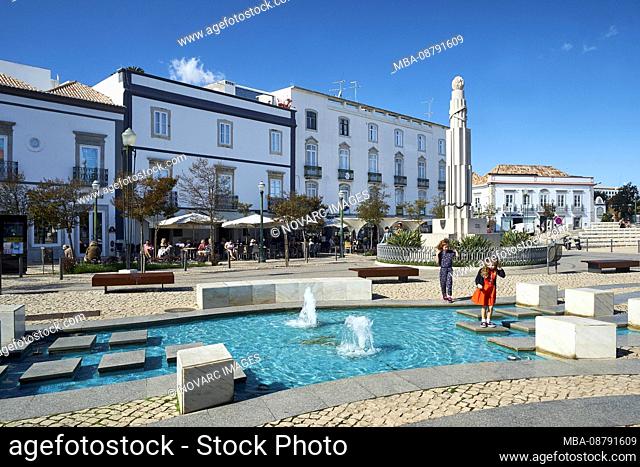 Republic Square with water feature in Tavira, Faro, Algarve, Portugal