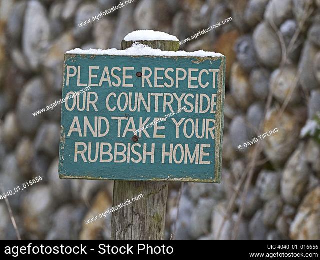Sign in countryside to persuade people not to litter Glaven Valley Norfolk
