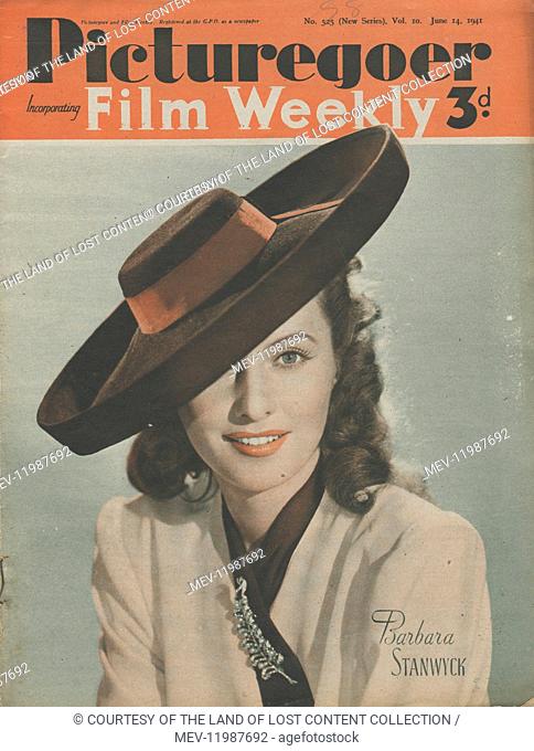Picturegoer June 14th 1941 - 1941, Picturegoer cover, colour photo, Barbara Stanwyck, film star, large-brimmed jaunty hat, leaf brooch