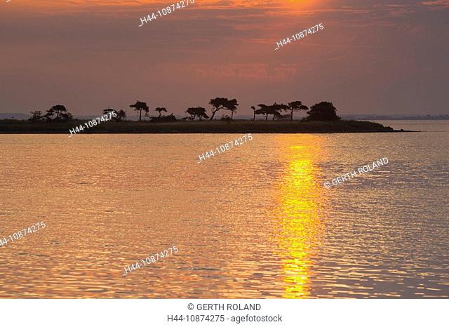 Urehoved, Denmark, island, isle, Aero, coast, sea, trees, land tongue, clouds, morning mood, sunrise, reflection
