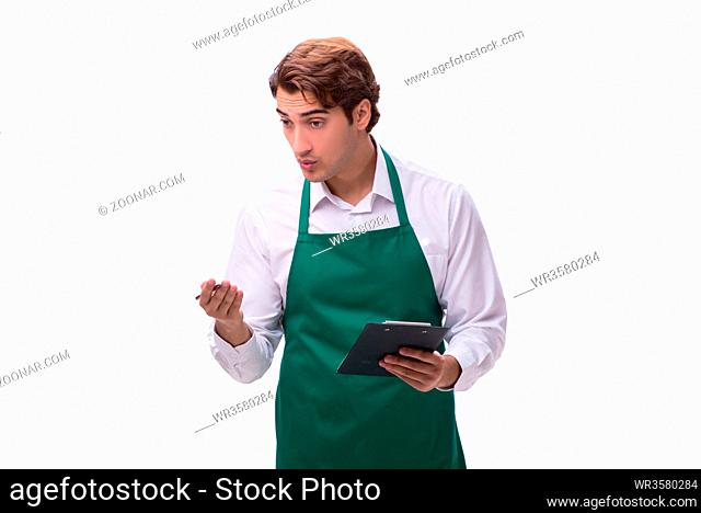 Young waiter isolated on white background