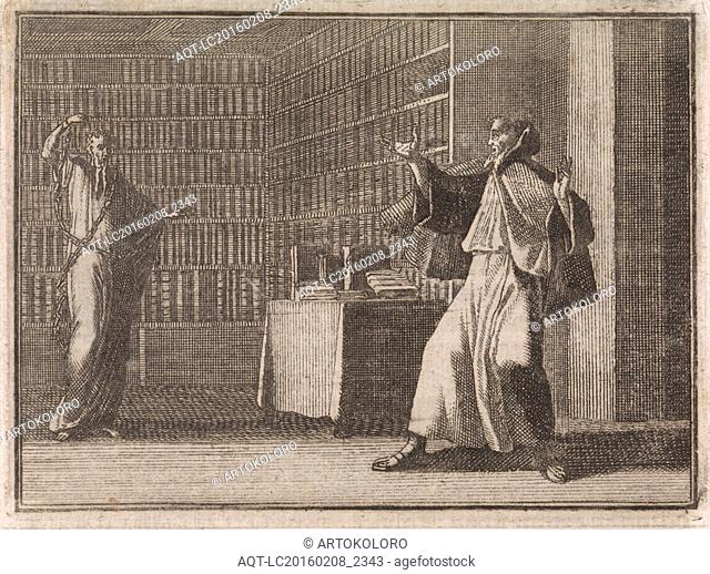 Monk gets scared in the library by a ghost, Caspar Luyken, Christoph Weigel, 1704