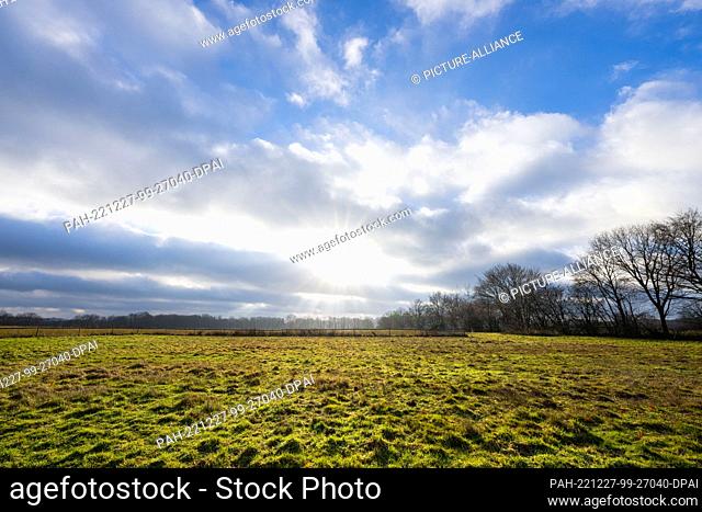 27 December 2022, North Rhine-Westphalia, Warendorf: In front of a green meadow, the sun shines through white-gray clouds and blue sky