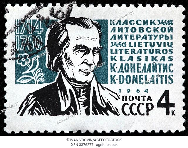 Kristijonas Donelaitis, Christian Donalitius (1714-1780), Lithuanian poet, Lutheran pastor, postage stamp, Russia, USSR, 1964