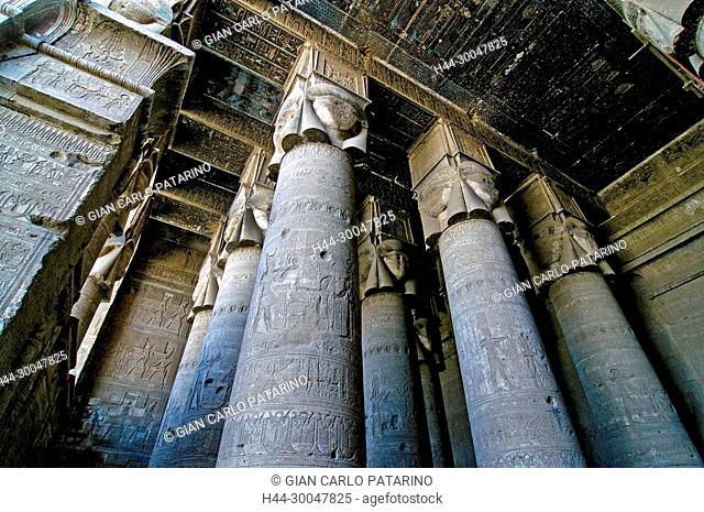Dendera Egypt, temple dedicated to the goddess Hathor. View of the hypostyle hall before cleaning