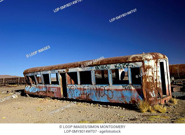 Wreckage of an old train carriage at the train cemetery in Uyuni in Southwest Bolivia