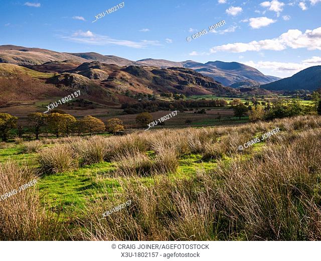 View over Dale Bottom and High Rigg with Helvellyn in the distance  Lake District, Cumbria, England, United Kingdom