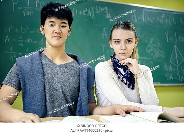 Students sitting in math class, portrait