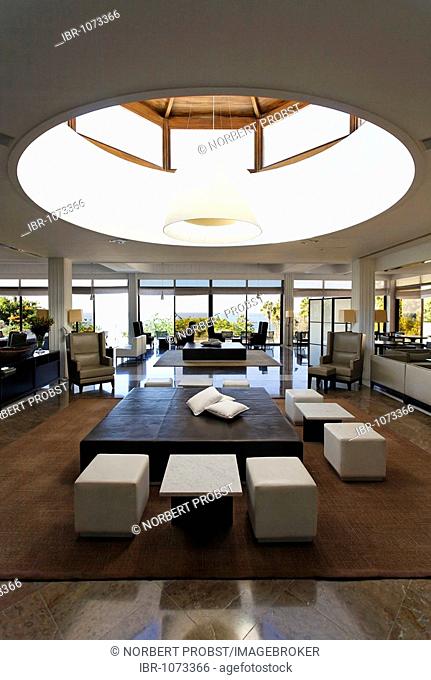 Hotel lobby with table, chairs and round roof window, Almyra Hotel, Paphos, Cyprus, Asia