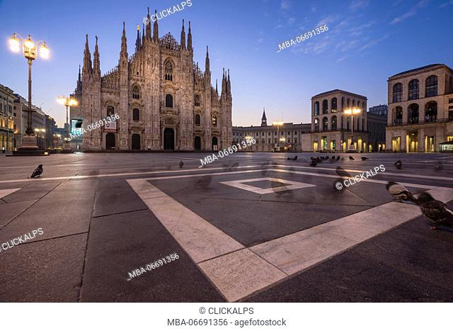 Cathedral Square, Milan, Lombardy, Italy. The Milan Cathedral at dawn