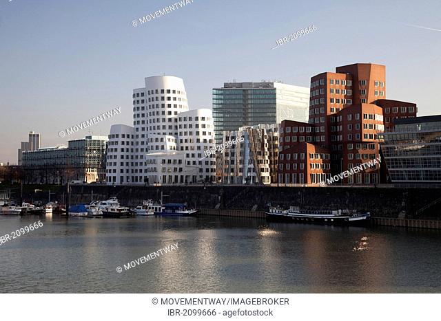 Gehry buildings by architect Frank O. Gehry, Neuer Zollhof, Medienhafen harbour, Duesseldorf, state capital, Rhineland, North Rhine-Westphalia, Germany, Europe