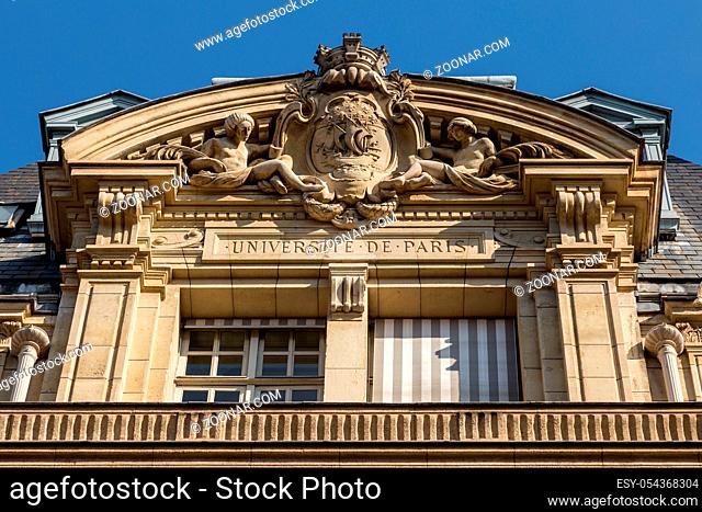 Facade of university Sorbonne in Paris, France