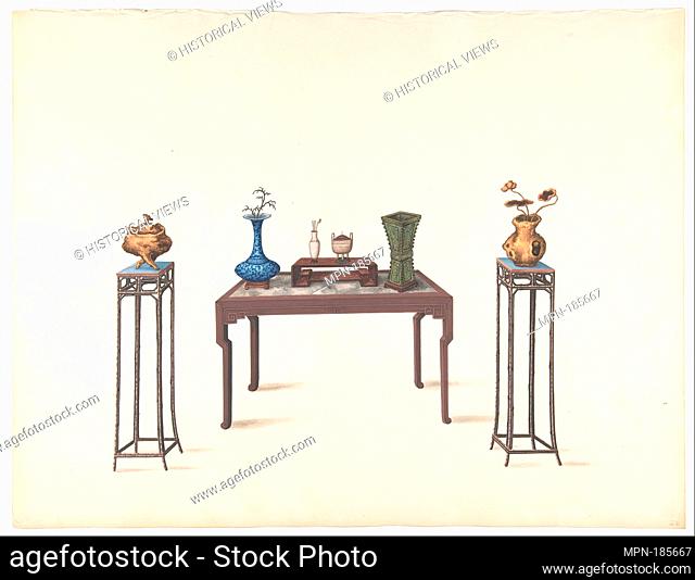 Large Table and Two Small Higher Ones with Vases. Artist: Anonymous, Chinese, 19th century; Date: 19th century; Medium: Pen and ink and gouache; Dimensions:...