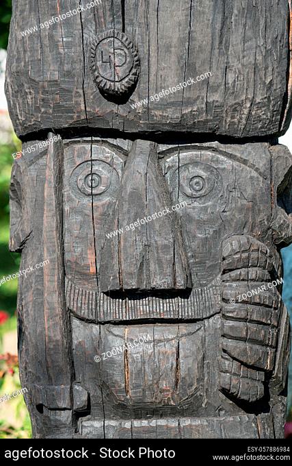 TARPESTI, MOLDOVIA/ROMANIA - SEPTEMBER 19 : Wooden Statue in the Neculai Popa Ethnographic Museum in Tarpesti in Moldovia Romania on September 19, 2018